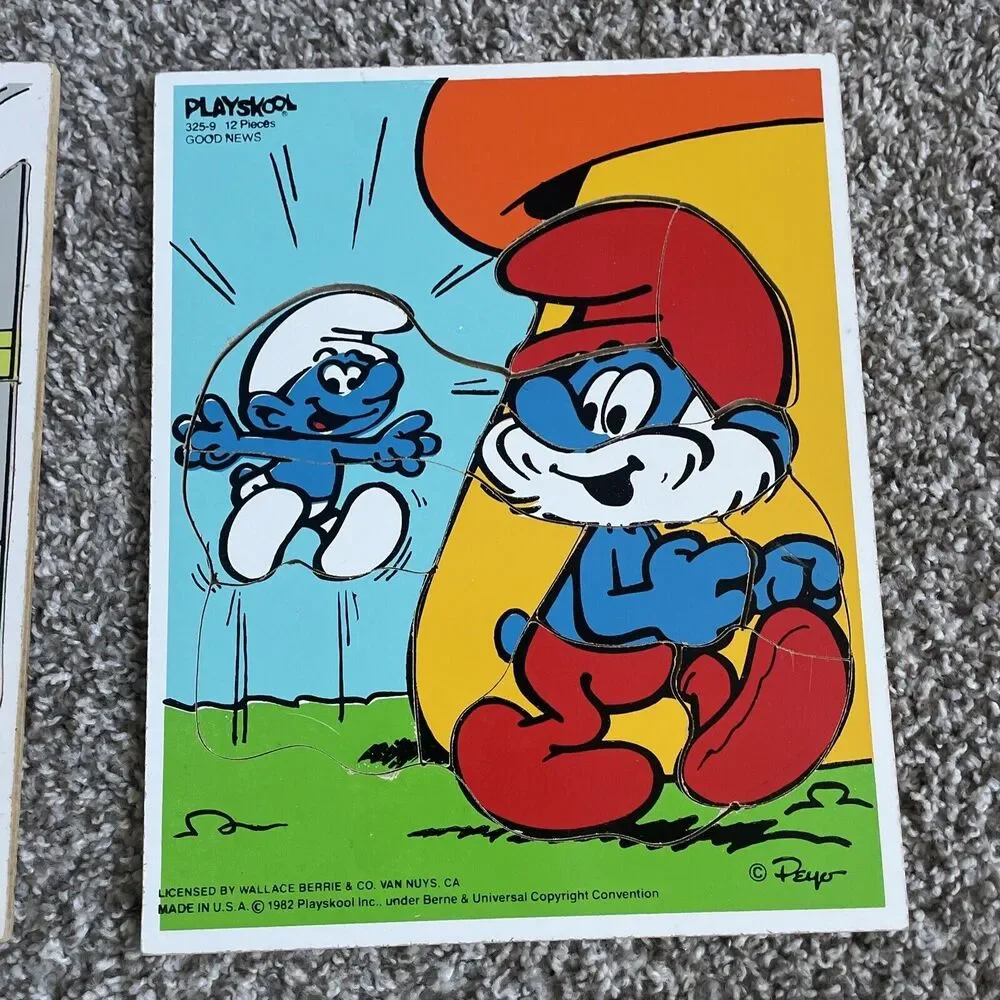 Vintage Playskool Wood Puzzle Lot 4 Smurfs Snow White Fantasia Disney 1950s-80s